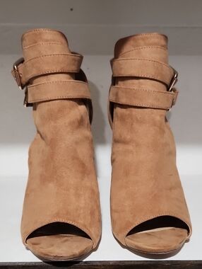 Shoe Dazzle Tan Suede Open-Toe Ankle Booties with Buckle Straps